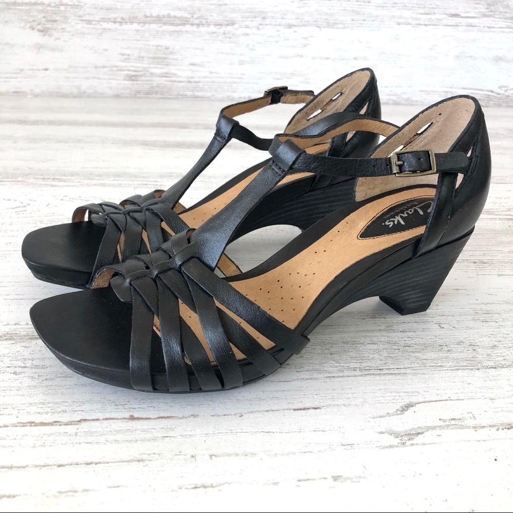 CLARKS Artisan Leather Ankle Strap Wedge Sandals